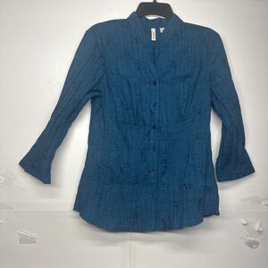 St Johns Bay Women's Blouse Size L  3/4 Sleeve V Neck Button Down Dark Teal